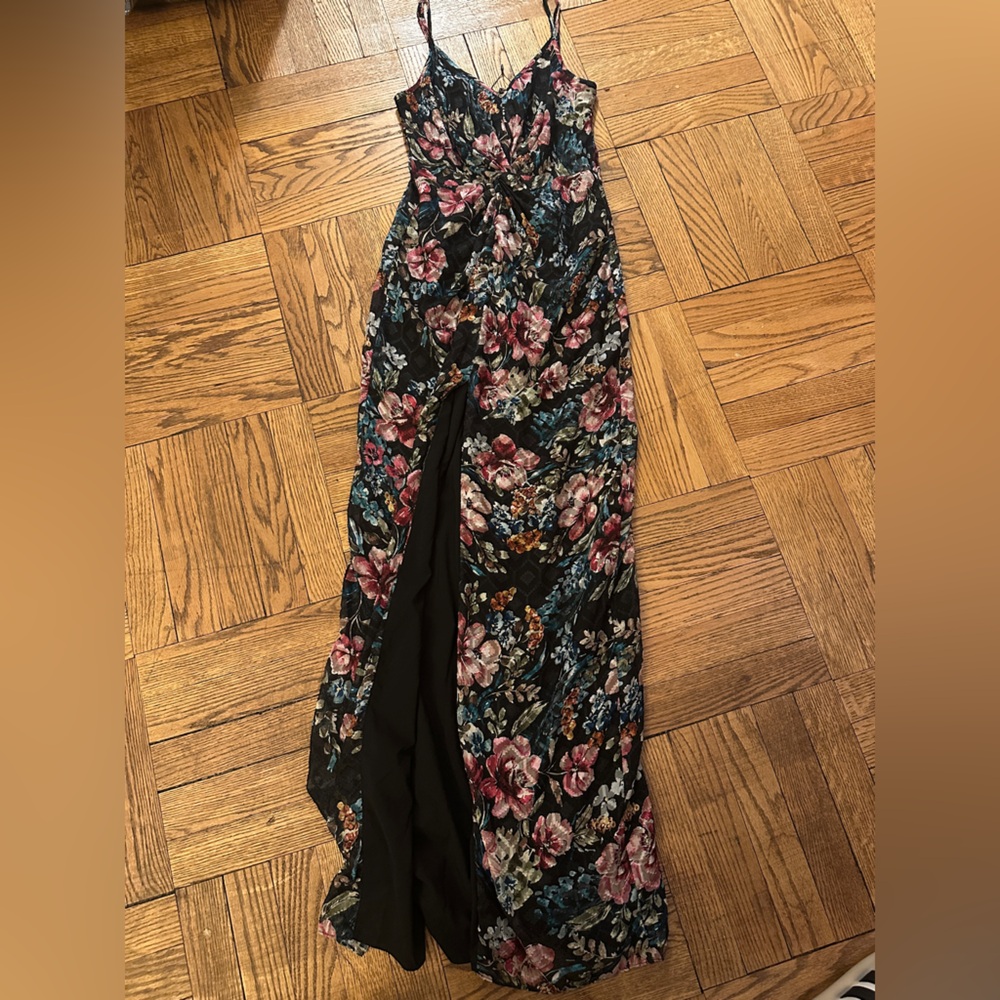 Amanda Uprichard Black Floral Maxi Slip Dress Size 6 Ruched Gown - Picture 4 of 7